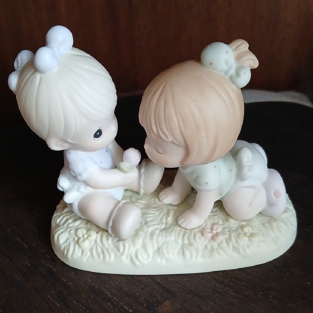 Precious Moments Cream and Pale Green Girls Sharing Flower Figurine